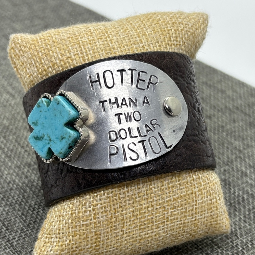 Hotter Than a Two Dollar Pistol Leather Cuff Bracelet Turquoise Accent - Picture 6 of 8